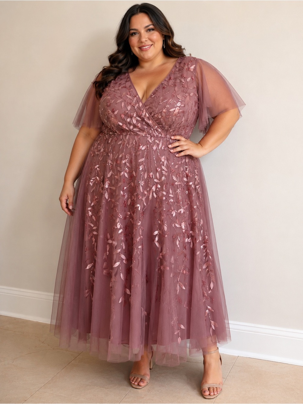 NWT Ever Pretty Dusty Rose Sequin Embroidered Tulle A-Line Maxi Gown size 26